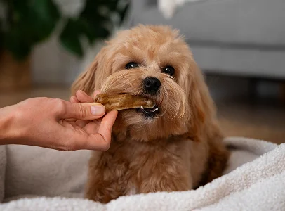 Chiot marron aux poils longs mordant une friandise tenue par une main humaine à Argenton-sur-Creuse dans l'Indre 36